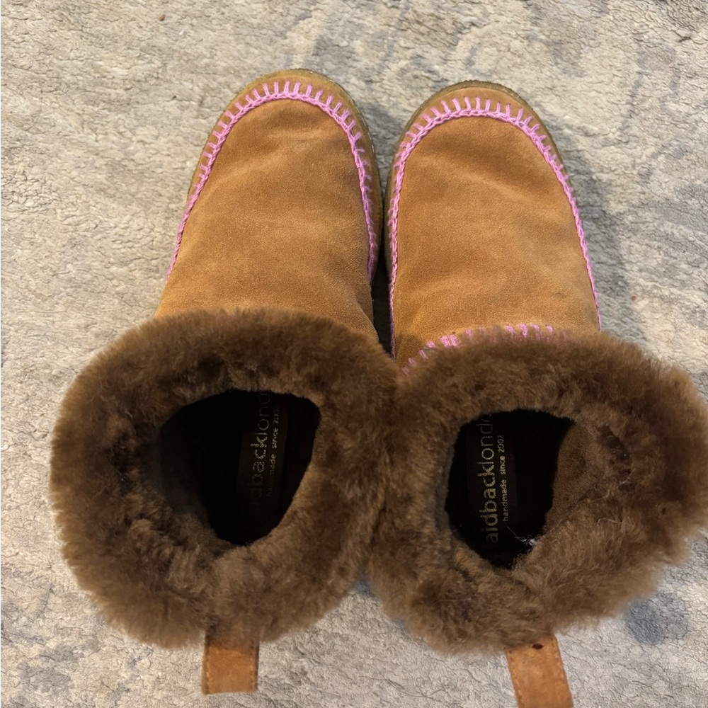 Brown Ankle Boots with Pink Stitching - Picture 4 of 5